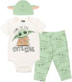 STAR WARS The Mandalorian Bodysuit Pants and Hat 3 Piece Outfit Set Newborn to Infant